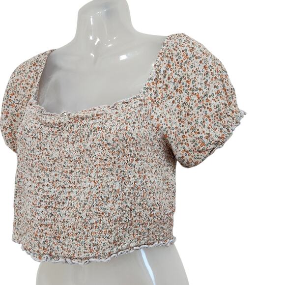 AE Aerie Micro Floral Puff Sleeve Cropped Blouse Smocked Square Neck Large - Picture 4 of 9